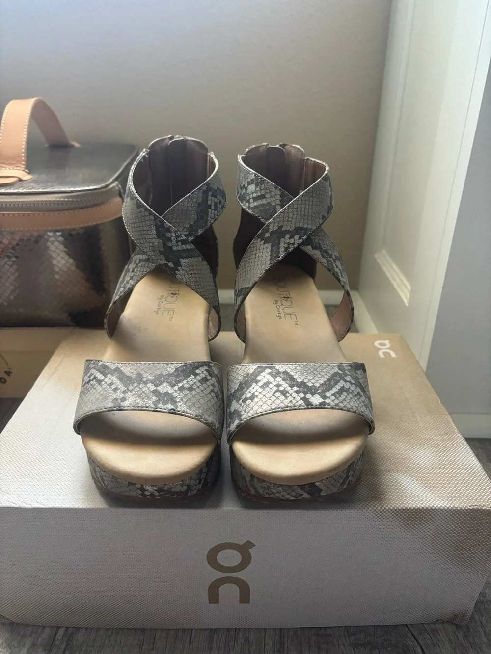 Snake-Print Grey Wedge Sandals with Crossover Straps